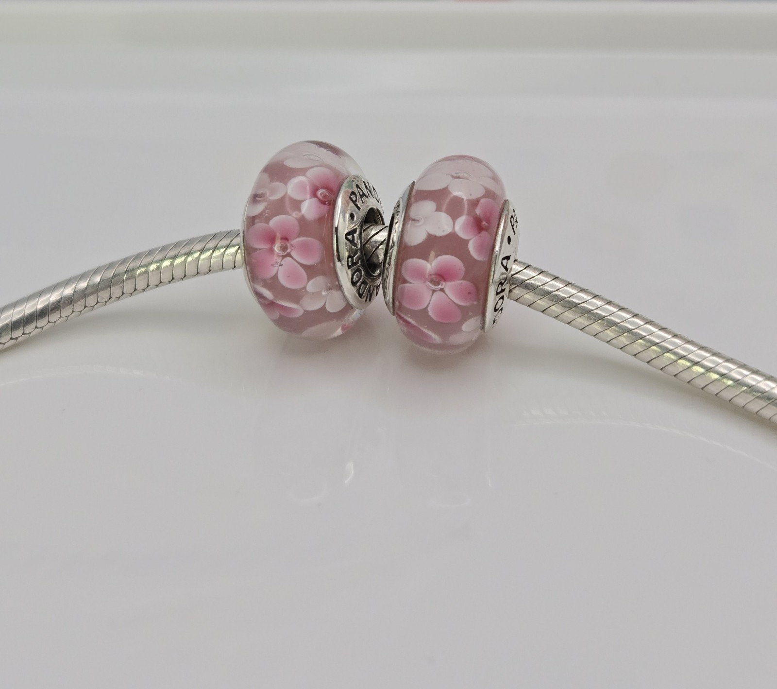 Authentic Pandora Pair of pink flower delicate pink floral Charms Murano Glass