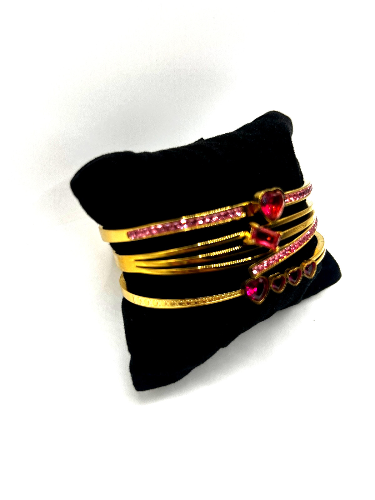 3PCS GOLD-COLORED PINK HEART ZIRCON STAINLESS STEEL BRACELET SET