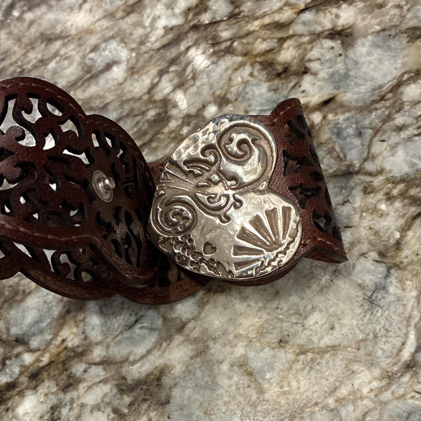 Western Brown Leather Cuff Bracelet Silver Tone Heart Concho Snap Nickel-Free