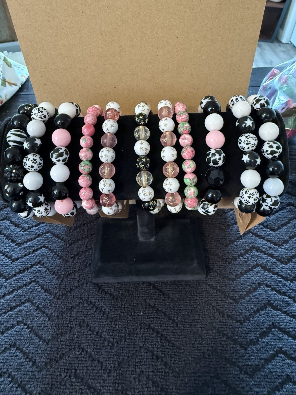 Lot Of 11 – Pink & Black Colored Beaded Stretch Bracelets 6” To 6.5”