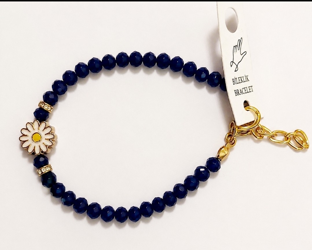 Navy Blue Crystal Beaded Bracelet Daisy Flower Charm Gold Adjustable Women Jewel