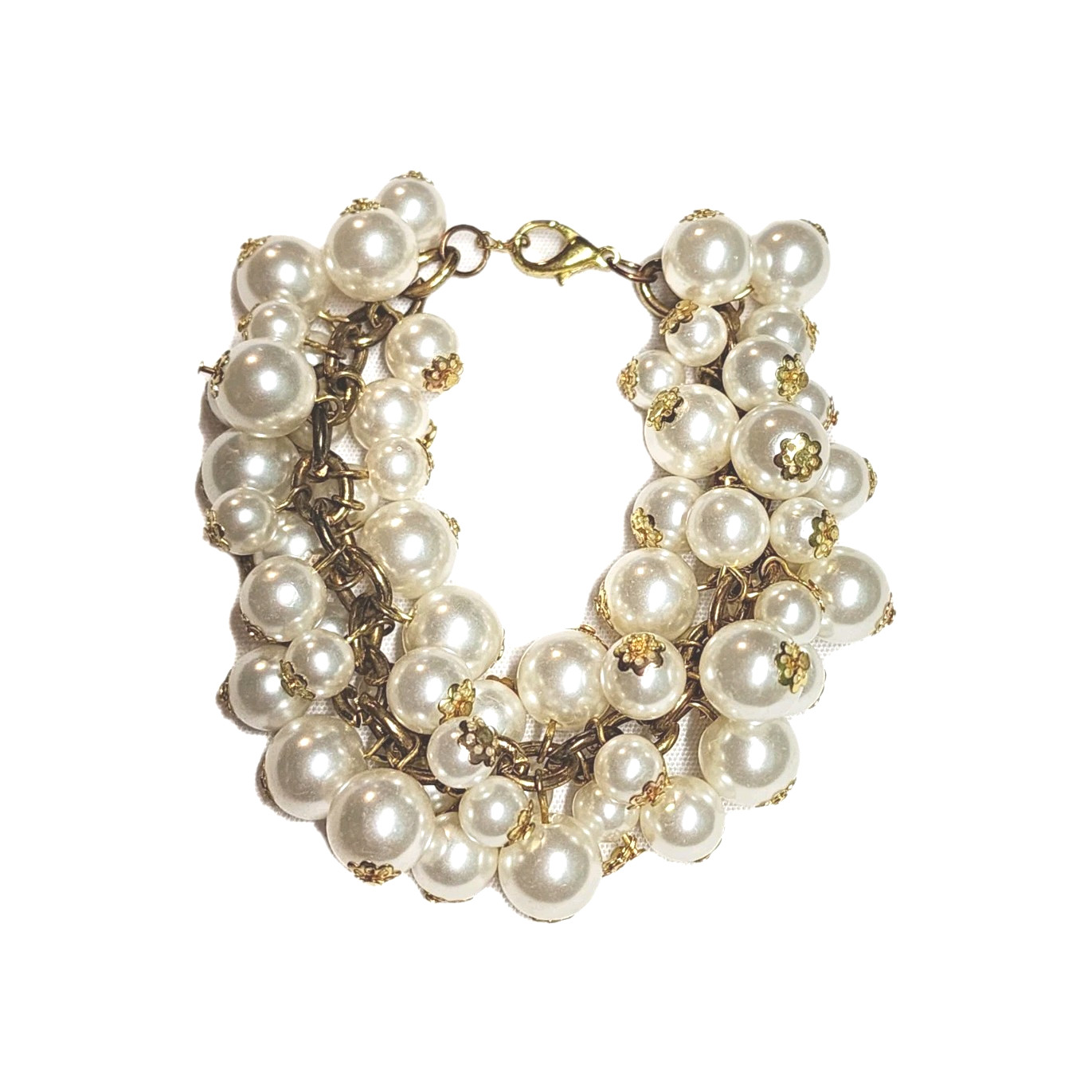 Chunky White Faux Pearl Dangle Cluster Cha-Cha Beaded Charm Cuff Bracelet 8″