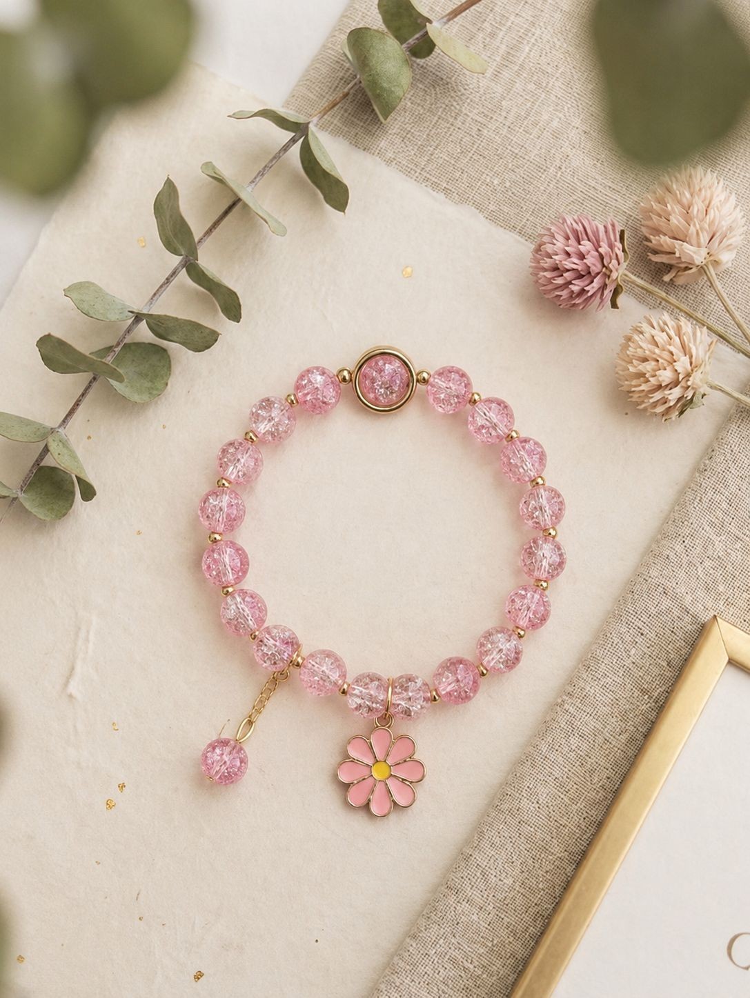 Pink Daisy Bracelet for Women, Flower Charm Bracelet, Pink Crystal Bead Bracelet