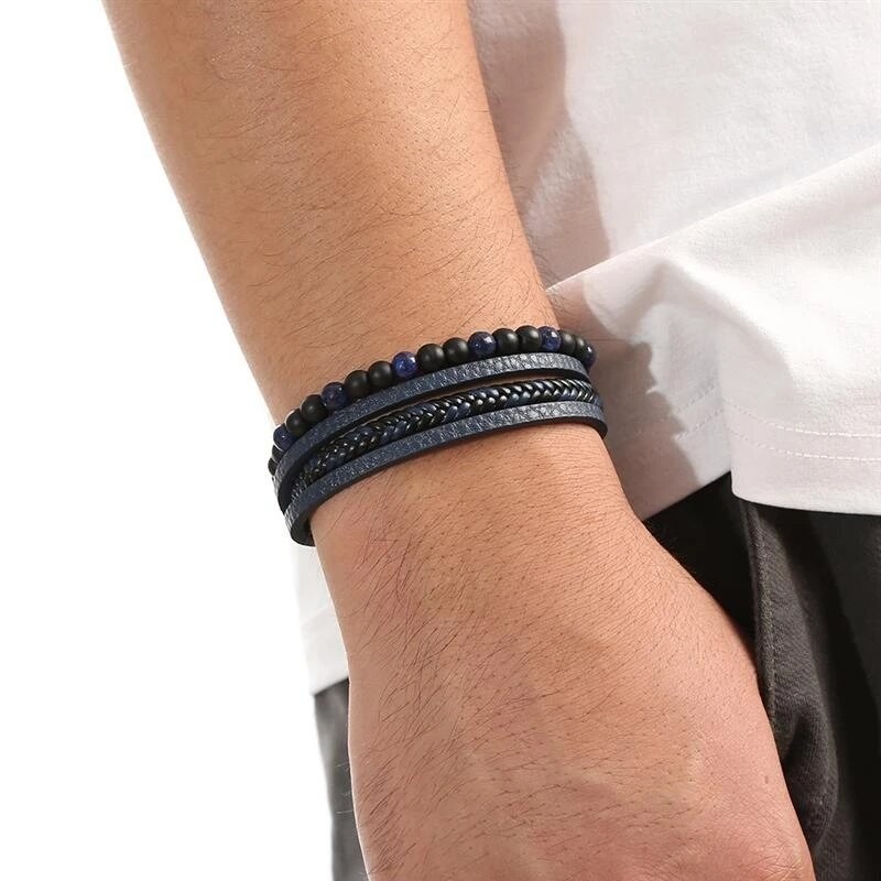 Men’s Layered Braided Leather Beaded Bracelet With Tiger Eye, Natural Stone