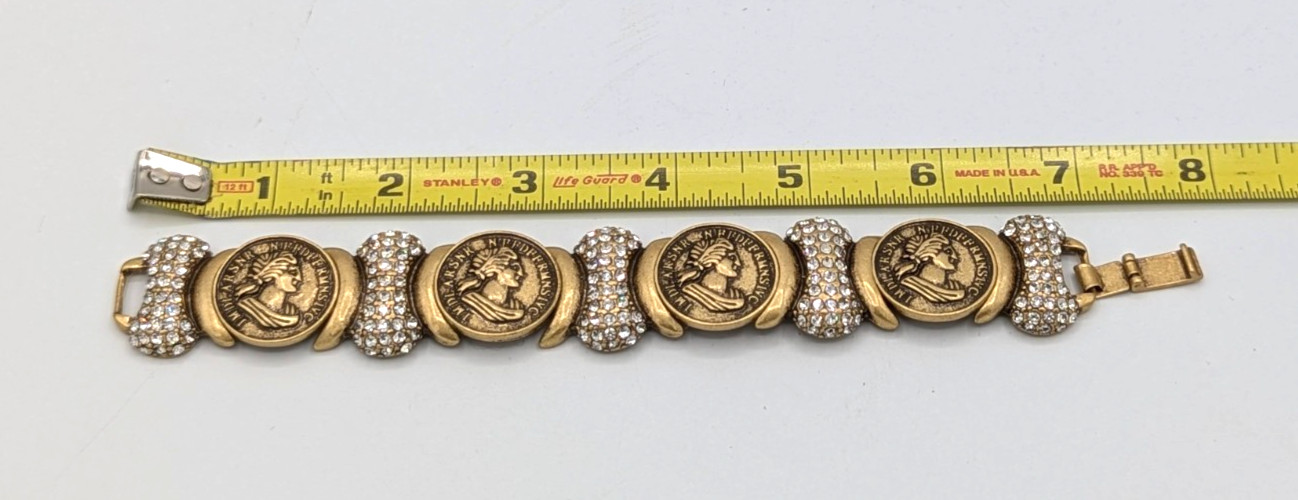 Greek Roman Emperor Faux Coin Bracelet Antique Gold Tone panel link Rhinestone