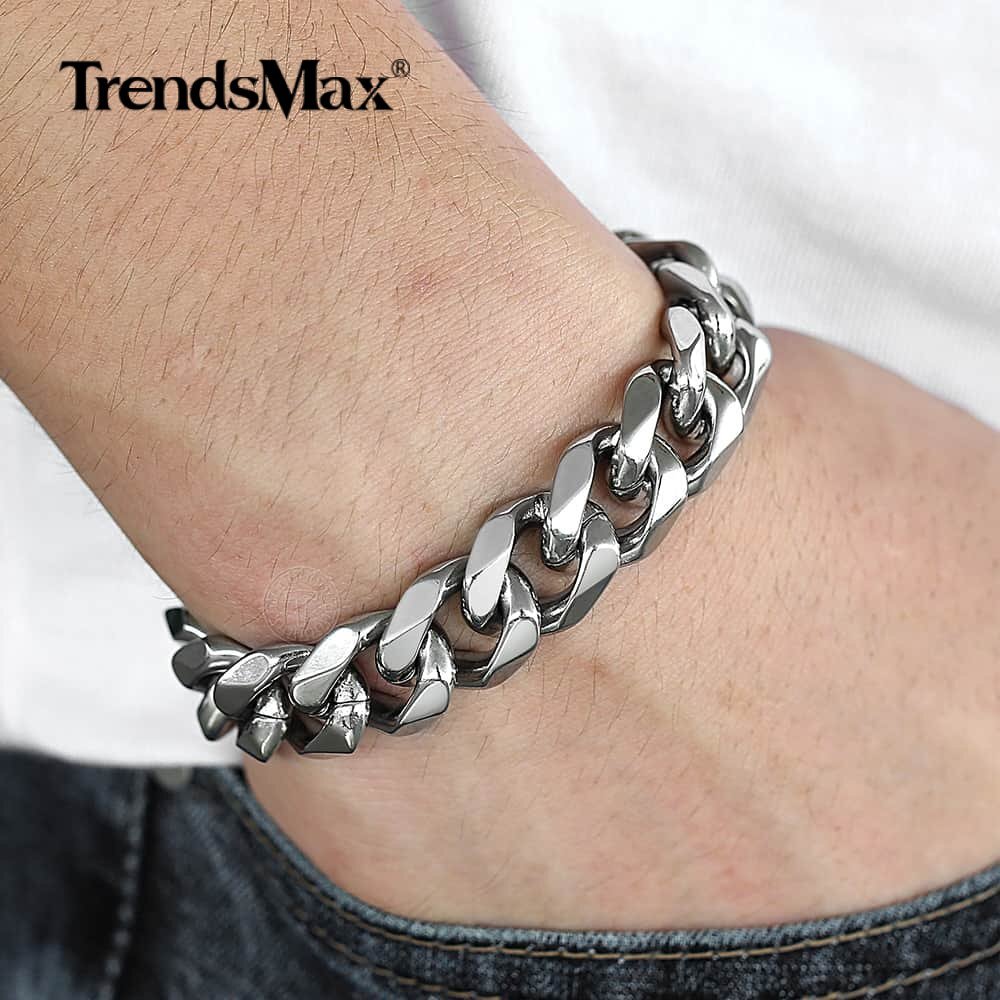 15mm Mens Chain Silver 316L Stainless Steel Cut Cuban Curb Bracelet Xmas 8″-10″