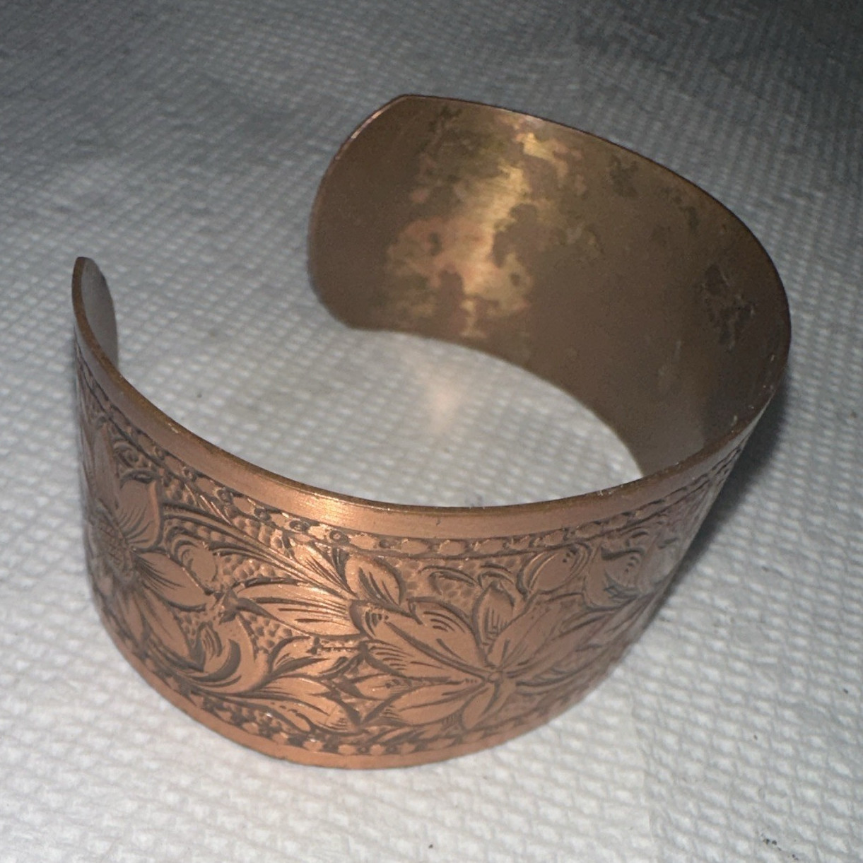 Copper Engraved Floral Cuff Bracelet Wide Band Metal No Stone Flowers Theme