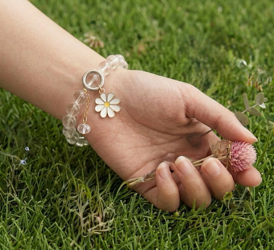 White Daisy Bracelet, Crystal Bead Bracelet, Flower Charm Bracelet, Cute Bracele