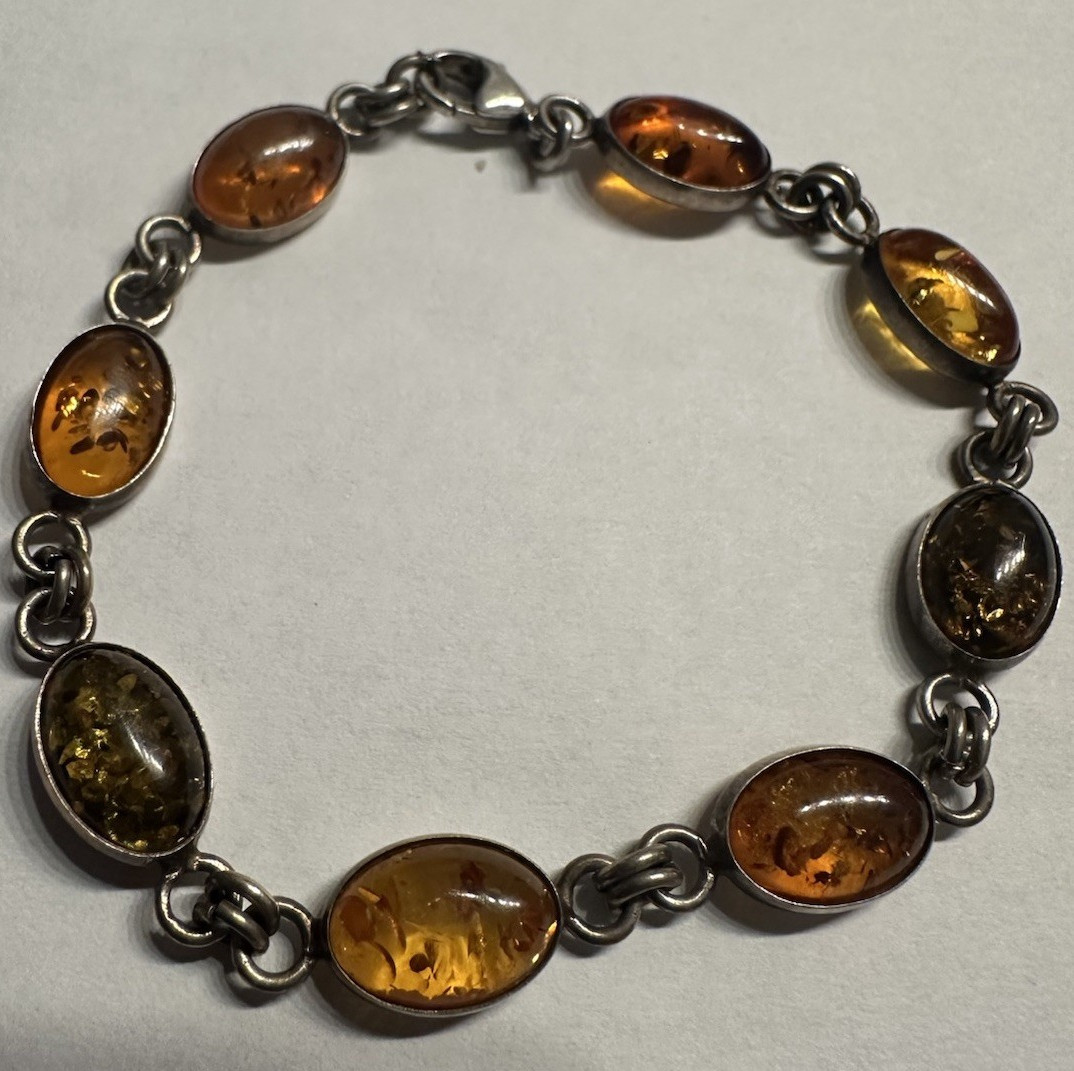 925 Sterling Silver Oval Cognac Amber Bezel Link Bracelet Lobster Clasp Signed