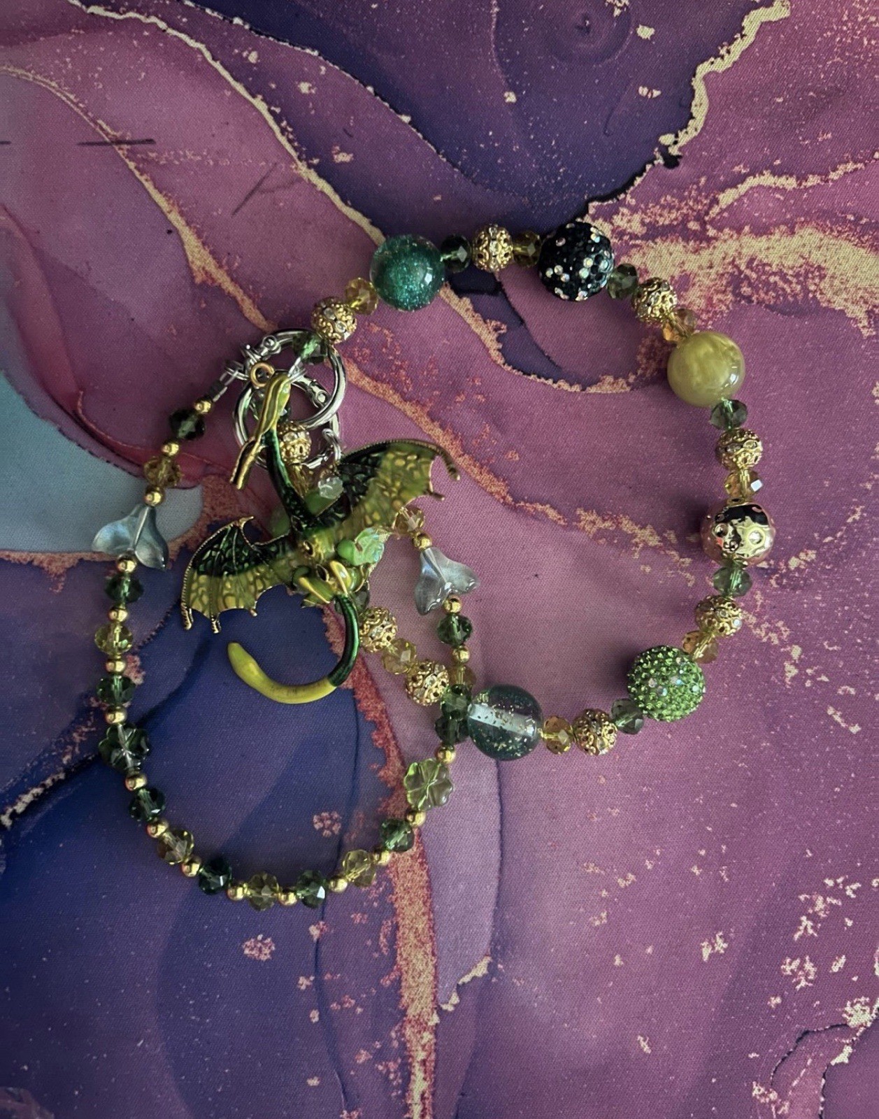 Green Gold Glass Beaded Charm Bracelet w/ Lobster Clasp & Insect Dangle Charm