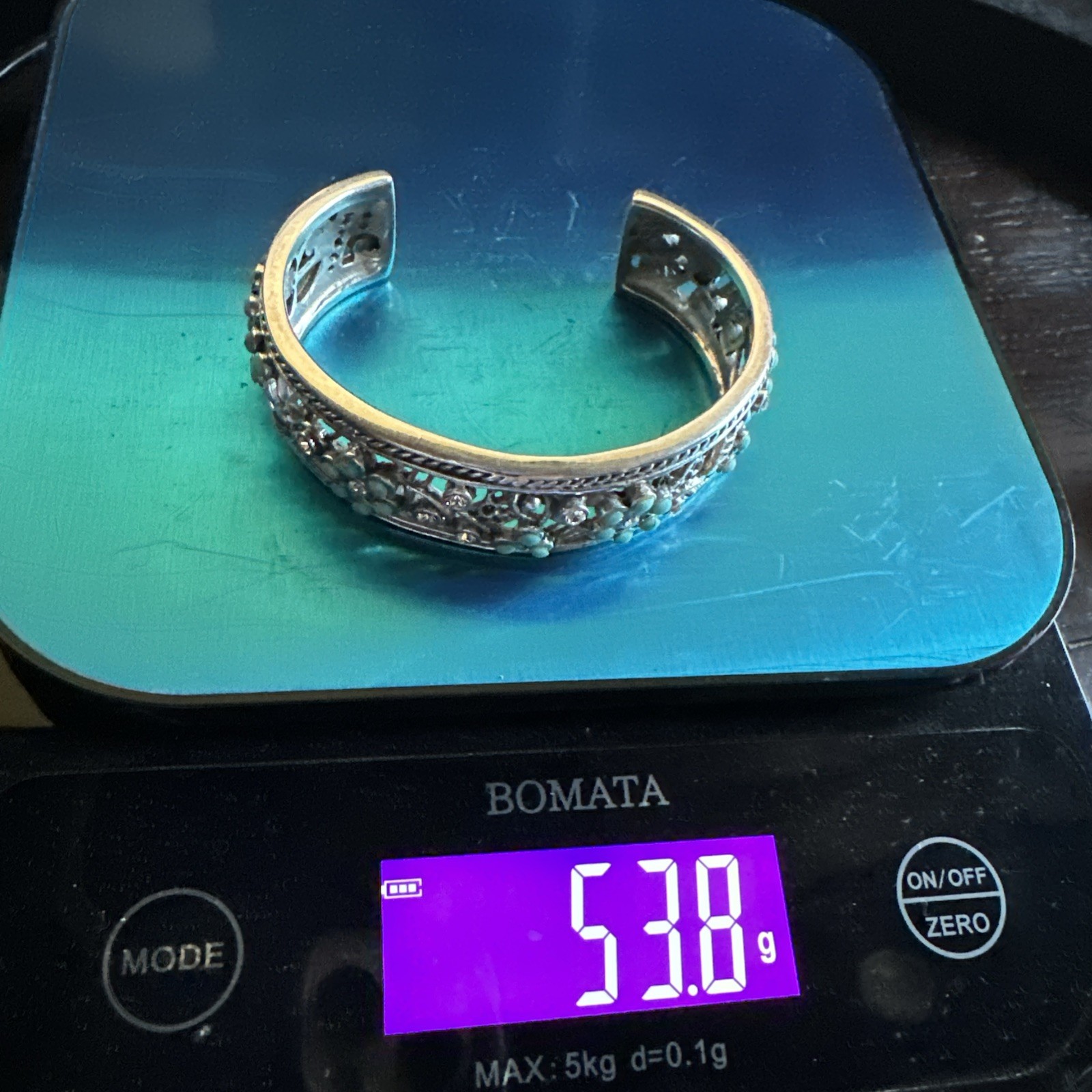 Barse Open Cuff Bracelet 6.5 Inch Turquoise Clear CZ Floral 925 Sterling 53.8g