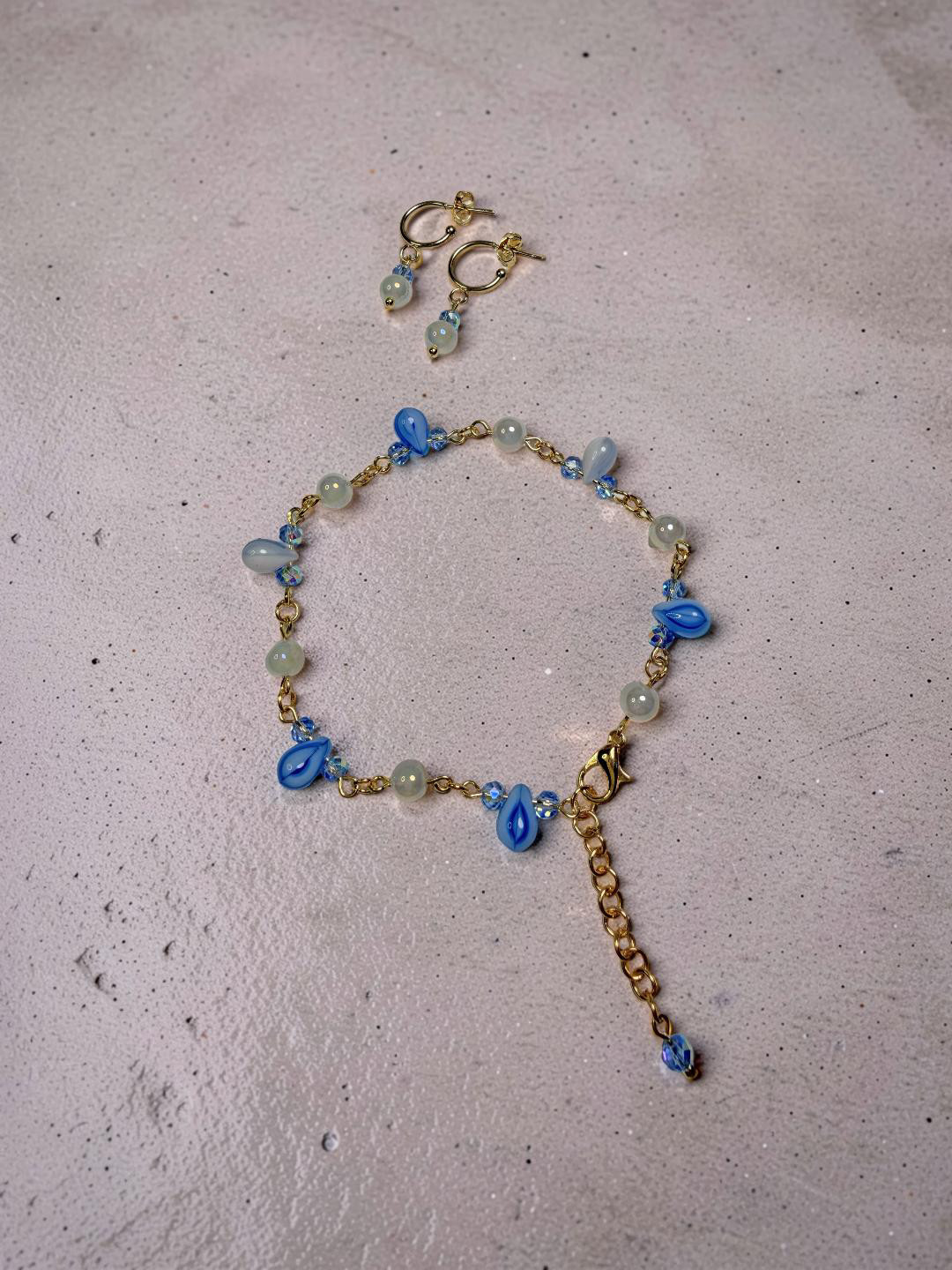 Blue Czech Glass Jewelry Set: Hoop Earrings, Bracelet, Gold Plated