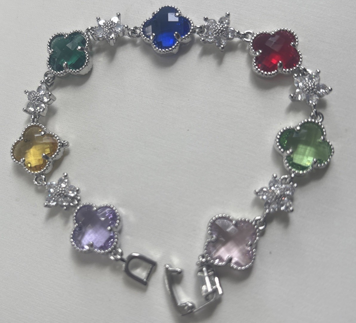 Multi Colored Crystal Gems Bracelet SZ 6.5 Green, Red, Yellow, Purple, Pink