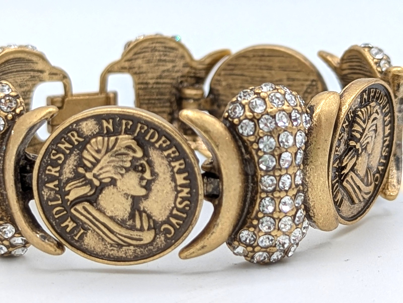 Greek Roman Emperor Faux Coin Bracelet Antique Gold Tone panel link Rhinestone