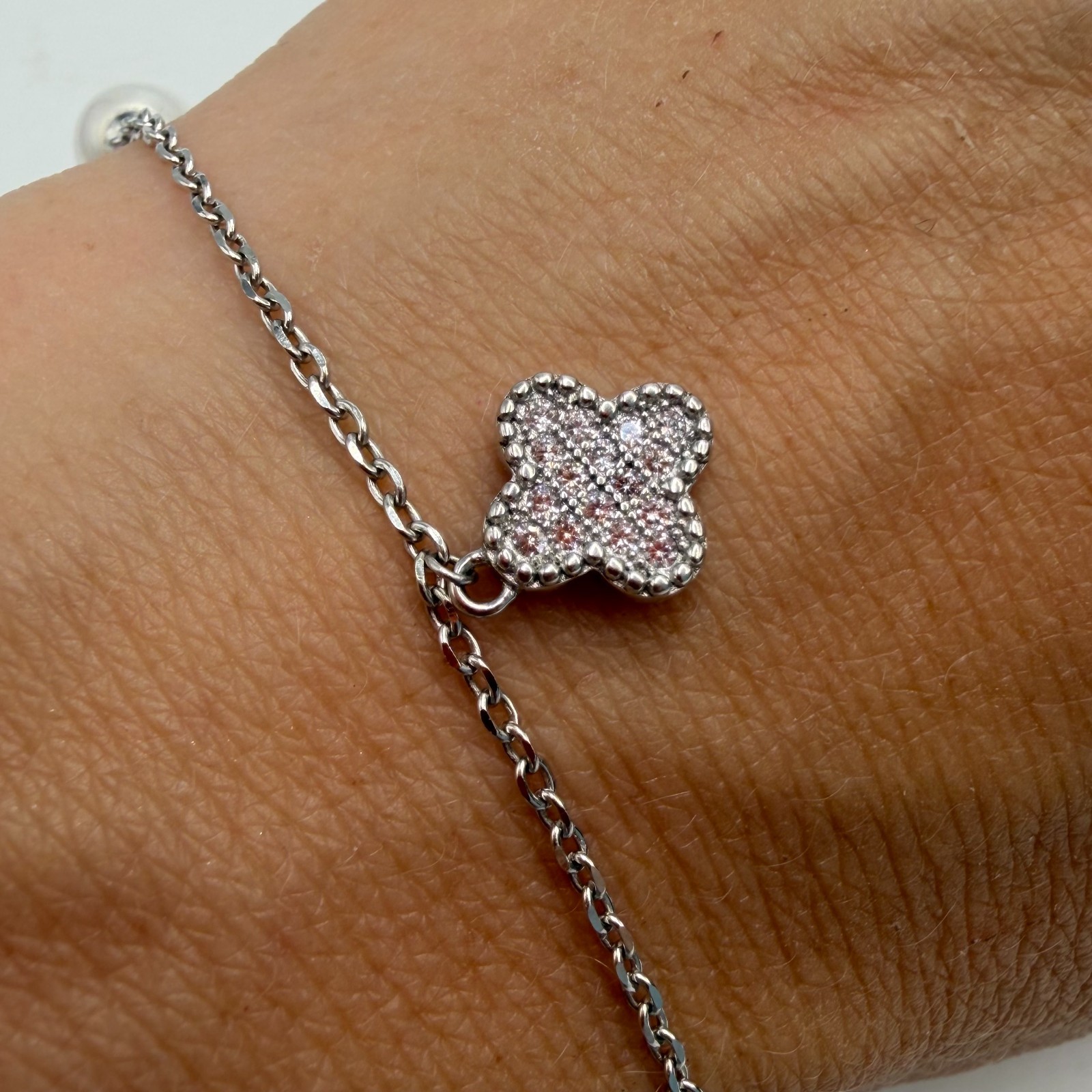 Dainty Silver Faux Pearl Clover Charm Bracelet Link Chain