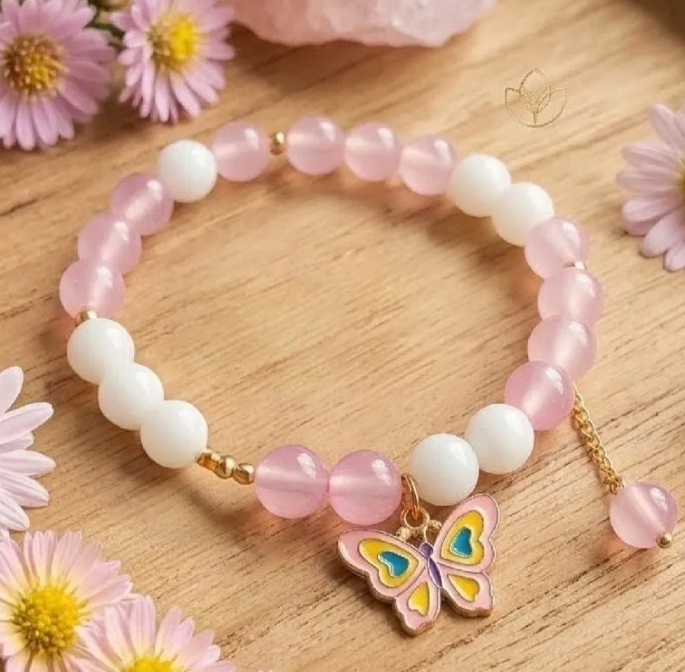 Pink Butterfly Charm Beaded Bracelet Stretch Elastic Cute Fashion Jewelry Gift