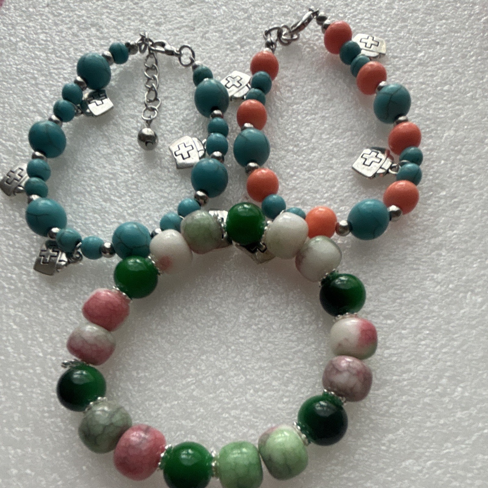 3pc Multicolor Glass Beaded Charm Bracelets, Cross Dangle Charms, Adjustable