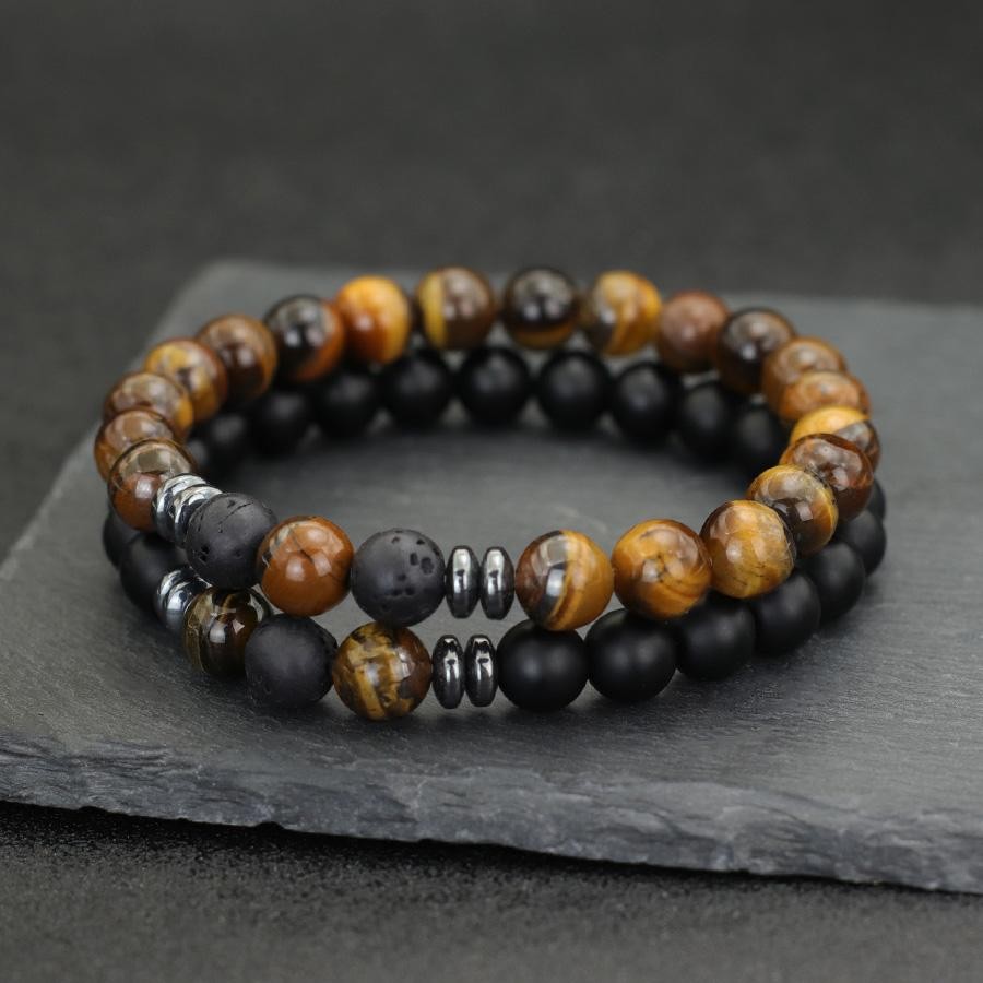 Men Beaded Bracelet Set 8mm Tiger Eye Malachite Obsidian Stone