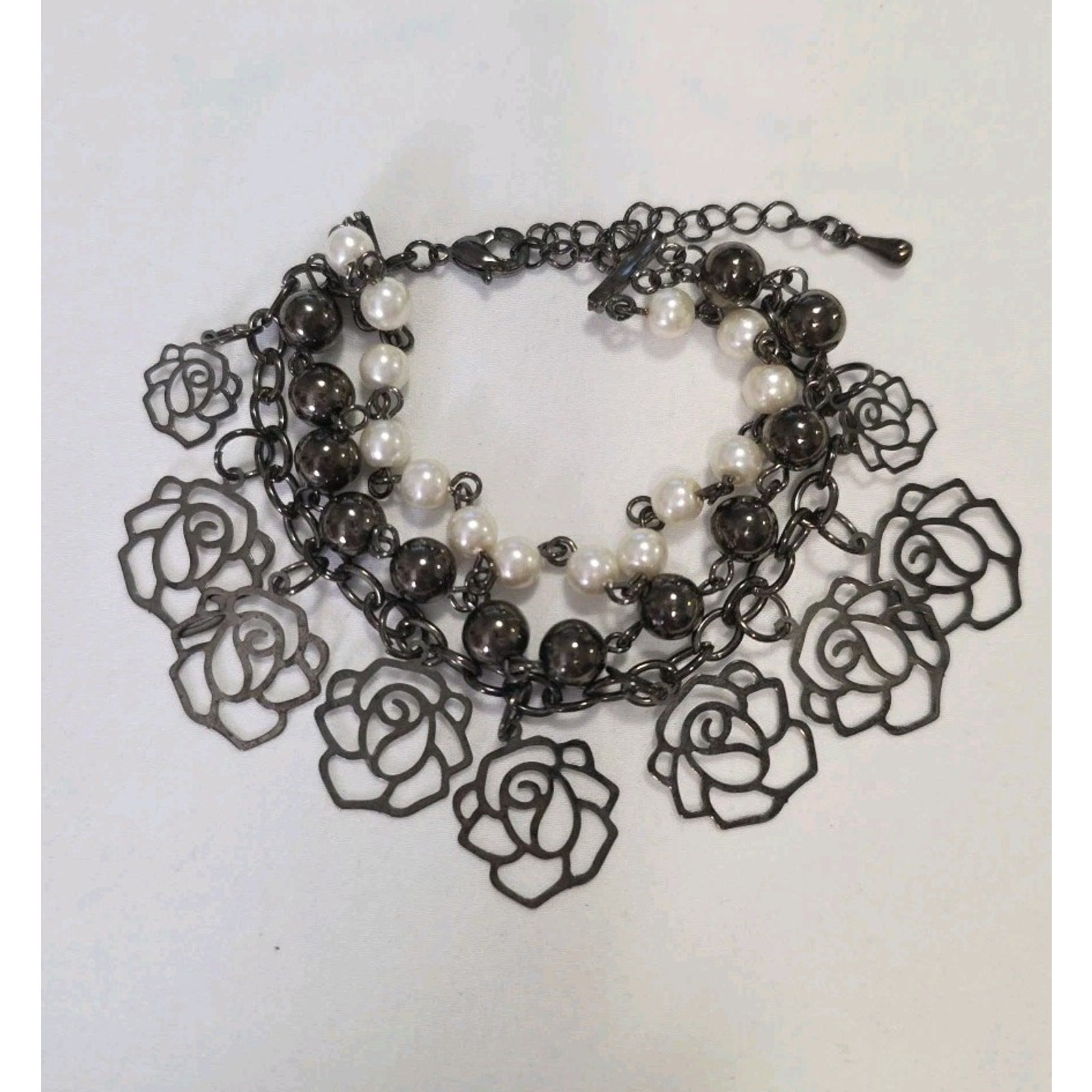 Three Strand Bracelet White Faux Pearls Gunmetal Tone Beads & Filigree Flowers