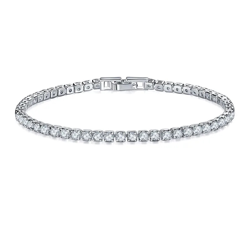 925 Sterling Silver Zircon Chain Bracelet Women Round Link Fine Classic Jewelry