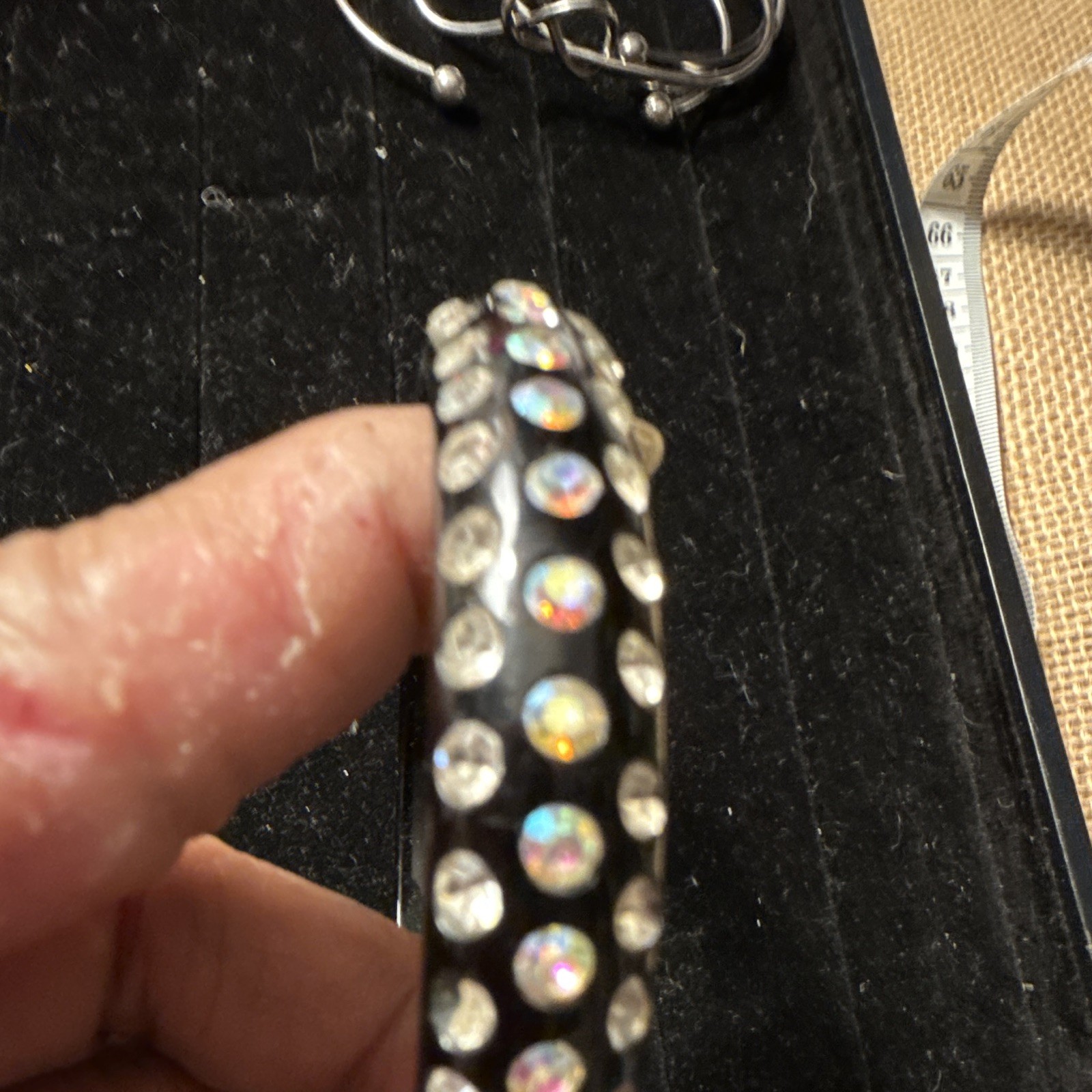 black rhinestone bangle bracelet, stackable, bezel set, round clear multicolor