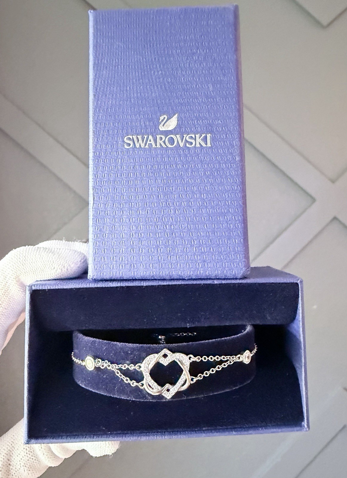 Swarovski Silver Tone Cuff & Cable Chain Bracelet Adjustable Clear Crystal Charm
