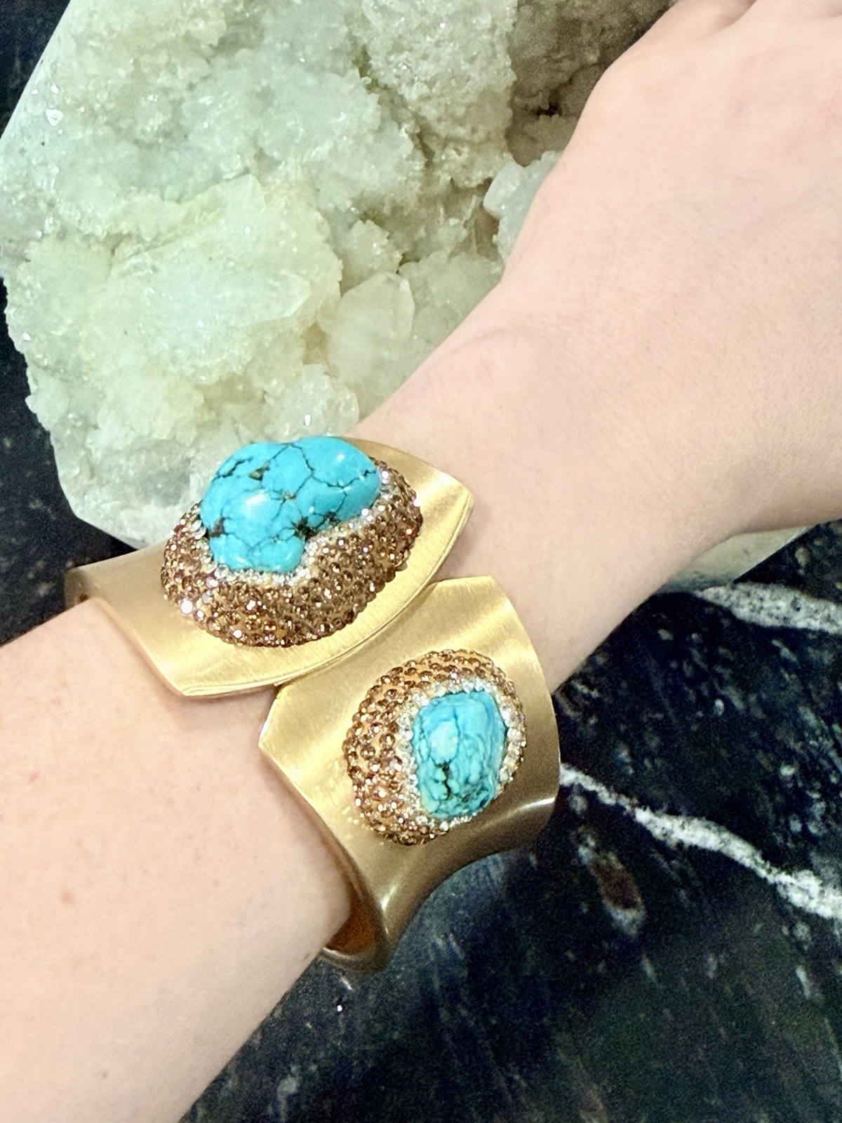Gold Plated Asymmetrical Cuff Bracelet Blue Turquoise Bezel Set Hinged Stackable