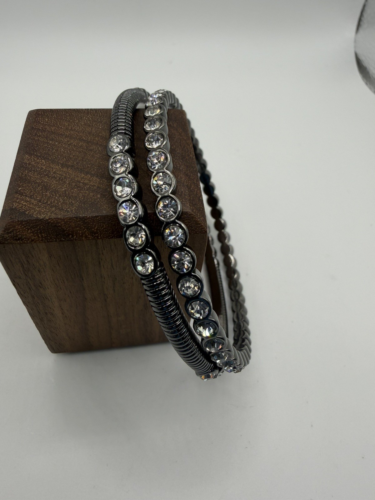 GRAZIANO Gunmetal/Clear Crystal Bangles Set of 2~Signed