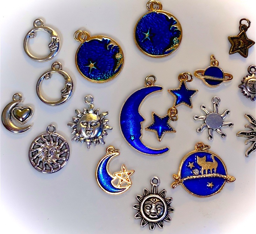 LOT 18 Celestial Charms, Silver+Gold Tone Blue Enamel Crescent Moon Sun & Stars