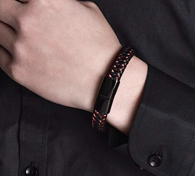 MRBRON Black woven leather bracelet temperament male unisex wristband