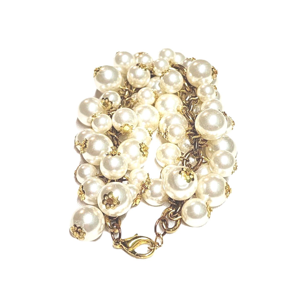 Chunky White Faux Pearl Dangle Cluster Cha-Cha Beaded Charm Cuff Bracelet 8″