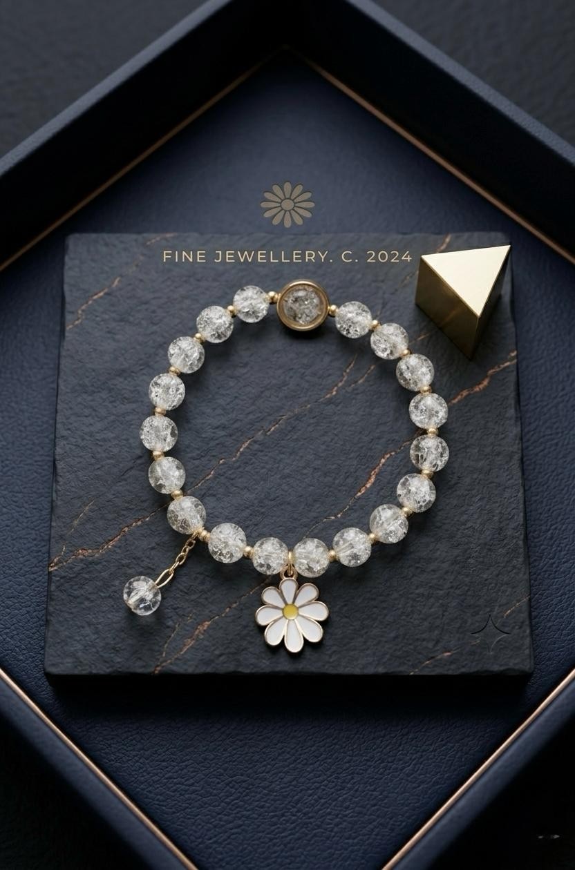 White Daisy Bracelet, Crystal Bead Bracelet, Flower Charm Bracelet, Cute Bracele