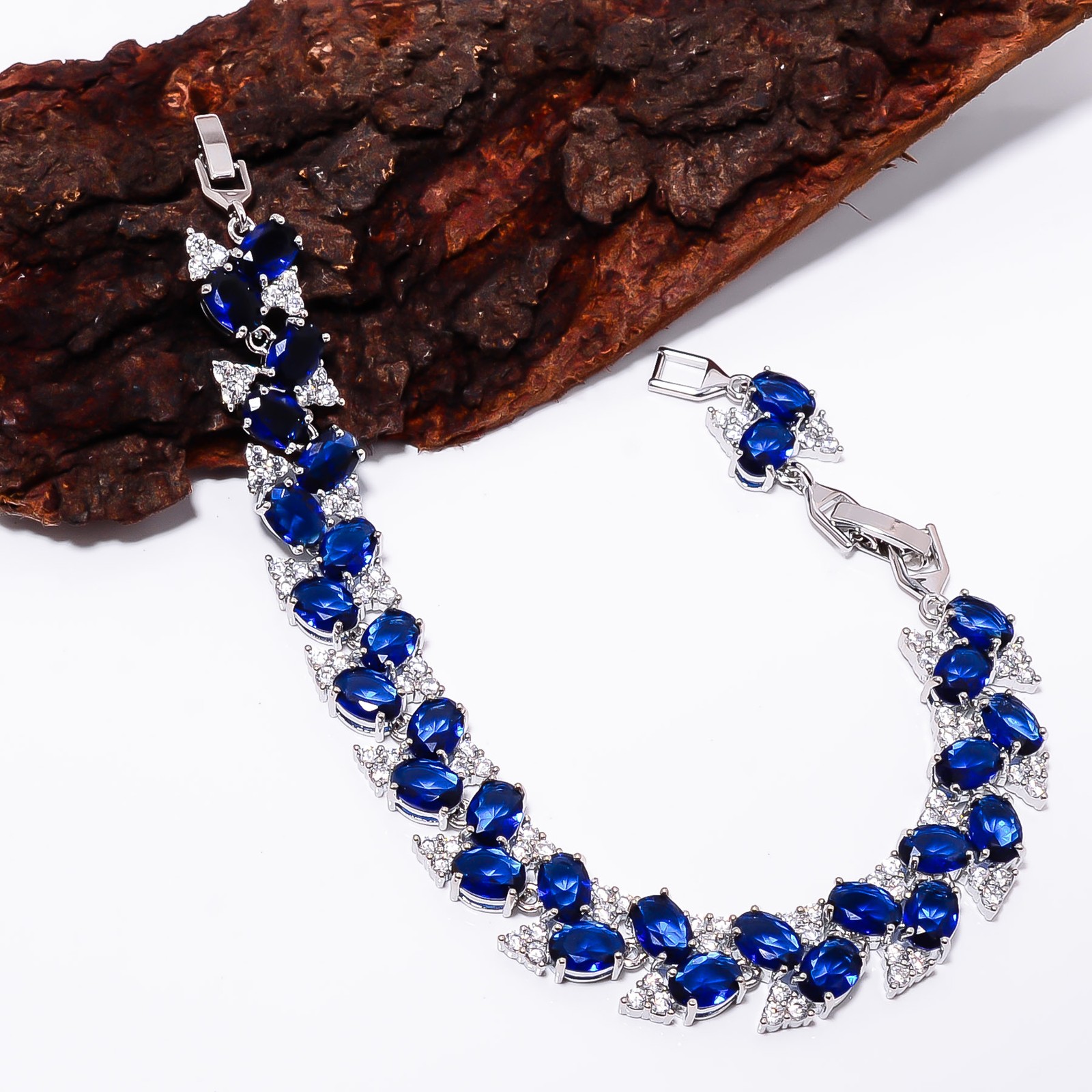 Blue Sapphire -Simulated, CZ 925 Sterling Silver Adjustable Bracelet 7-8″ B0016