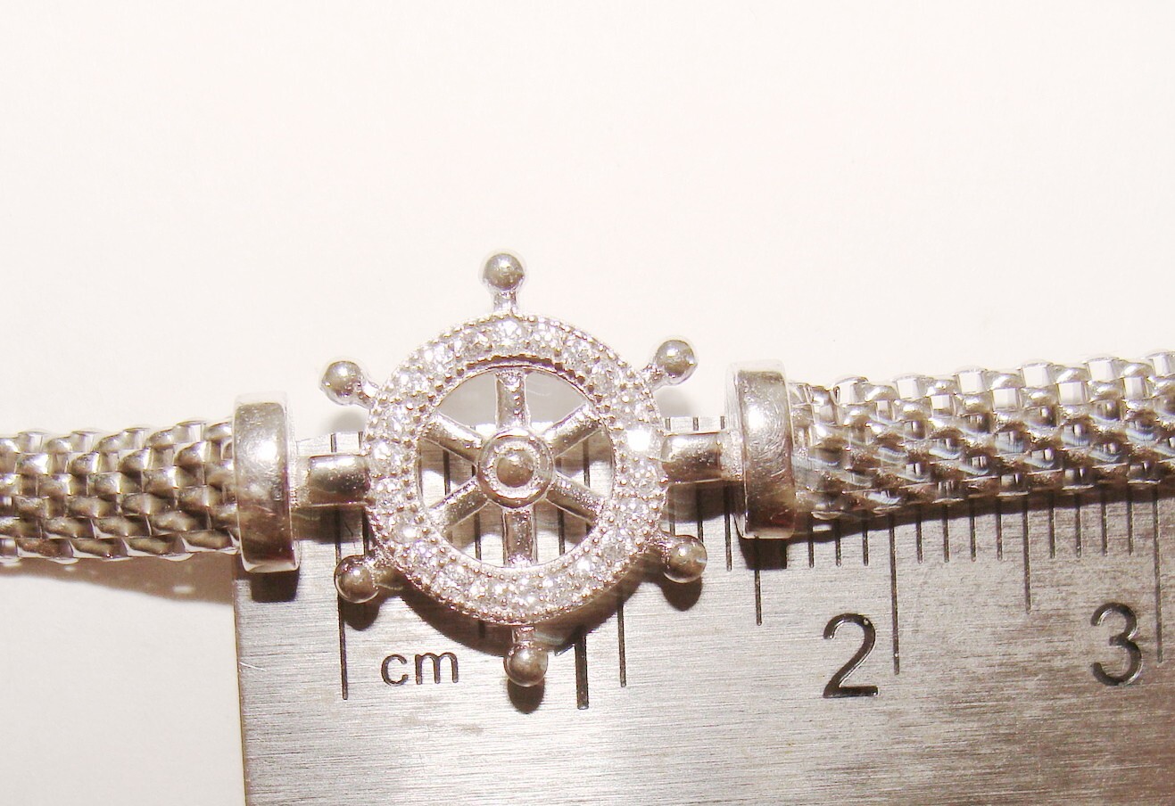 EJI Italy Sterling Silver 6.1g Ships Wheel Multi CZ Mesh Bracelet 7.25″