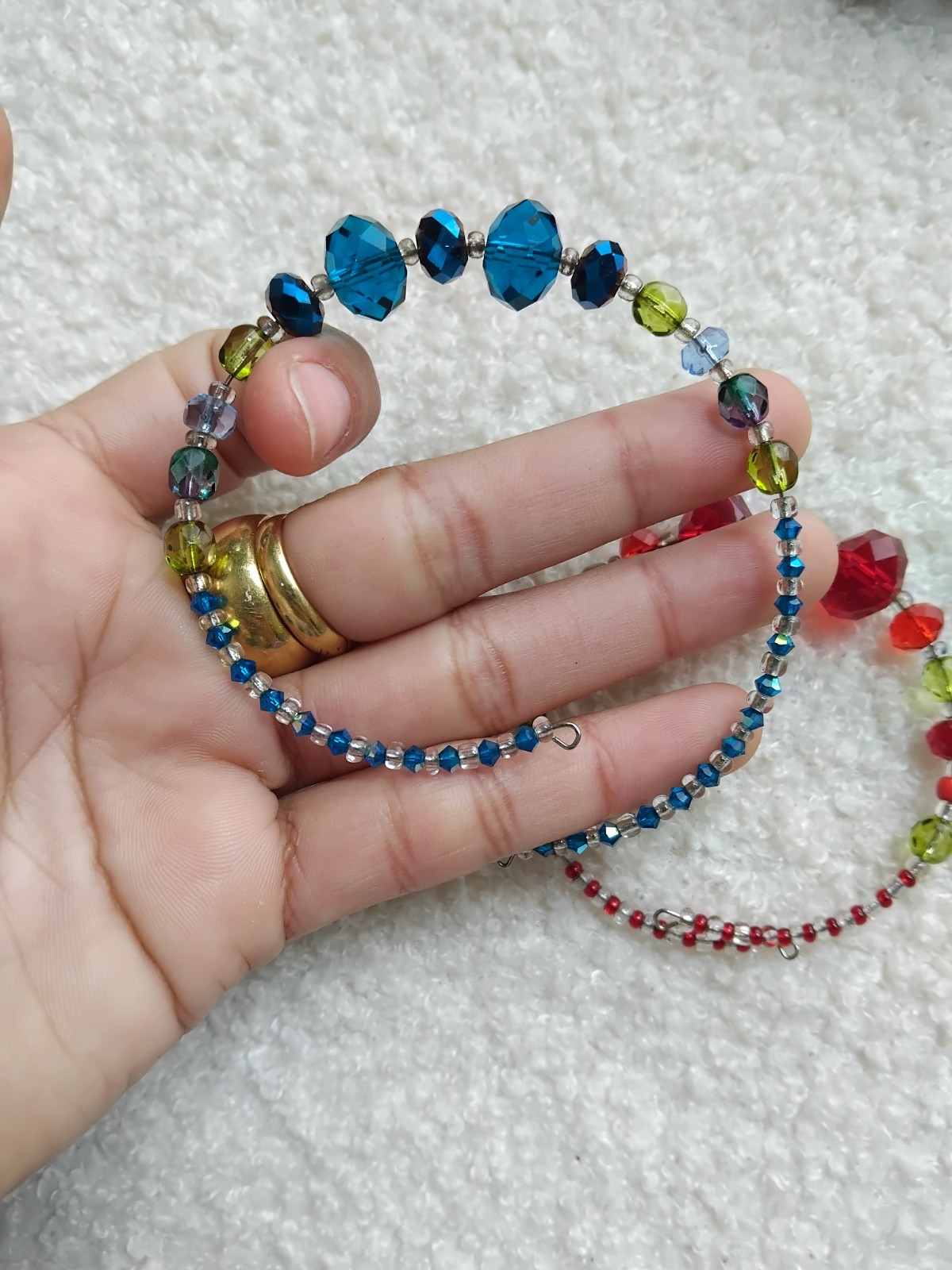 Teal, Red Facted Glass Crystal Beaded Wire Bracelet Bundle. Green Clear