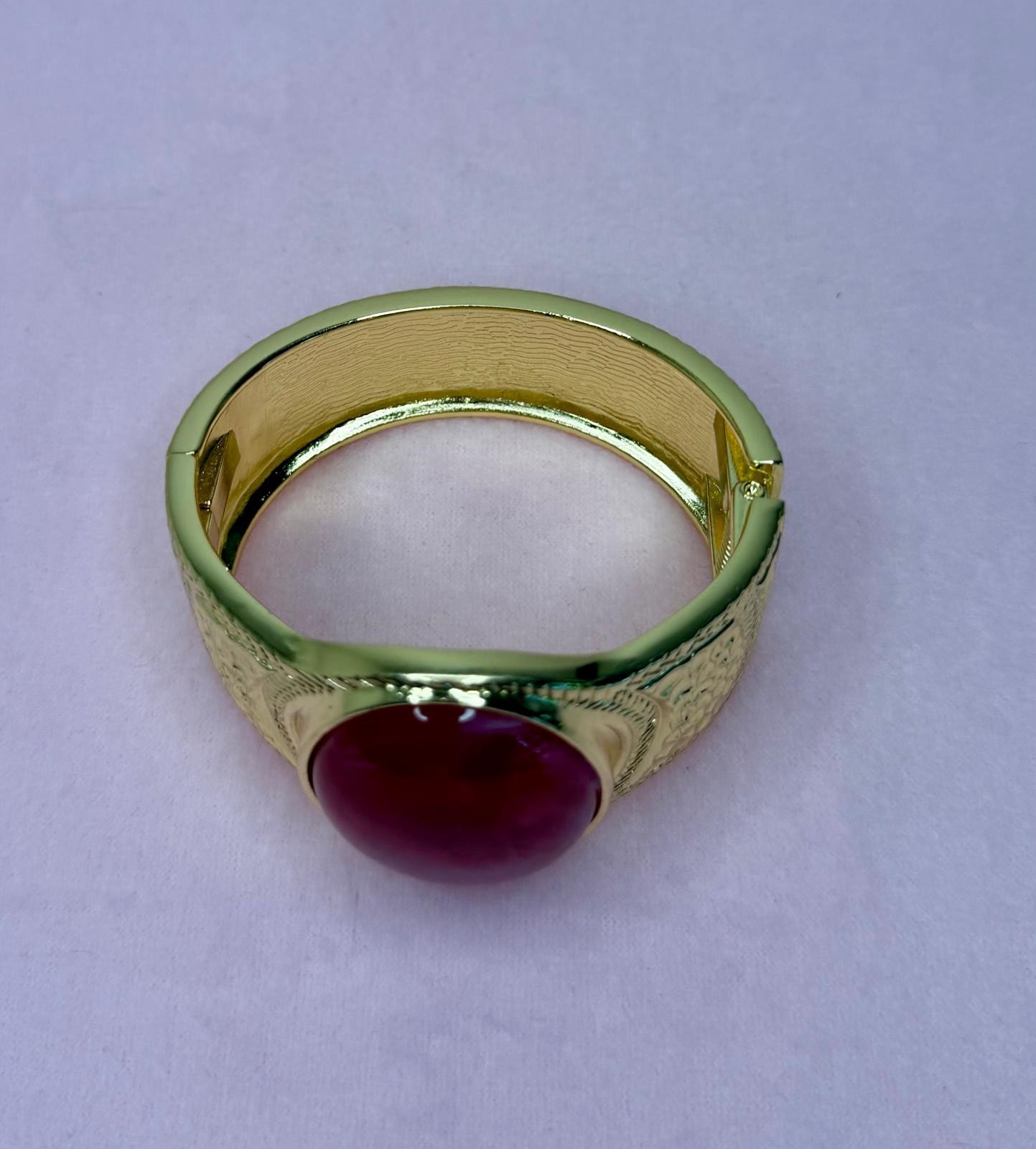 Gold Tone Red Stone Cuff Bracelet, Wide Statement Bangle, Vintage Boho
