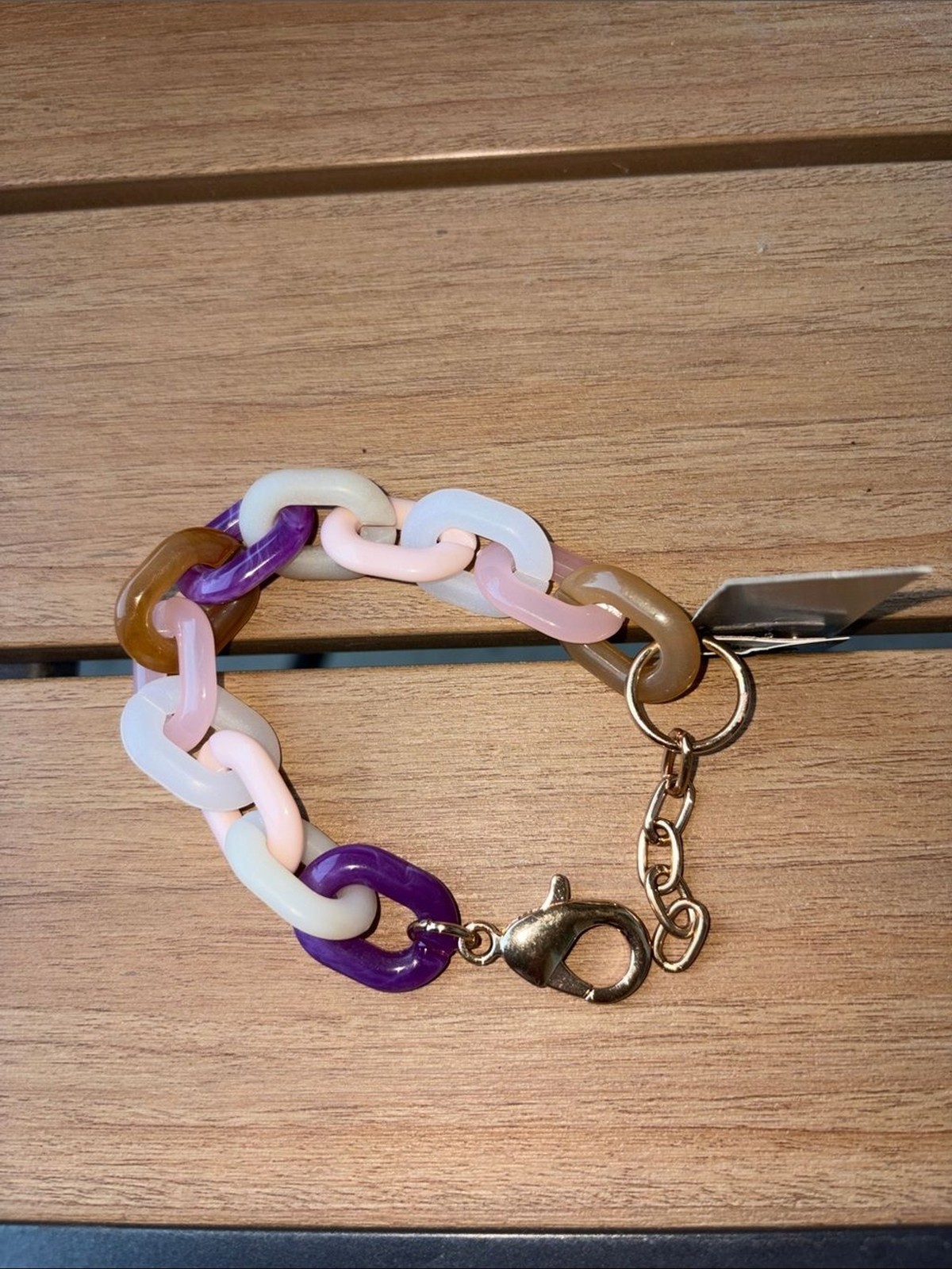 Acrylic Link Charm Bracelet in Purple, Pink & Cream with Gold Clasp, NWT