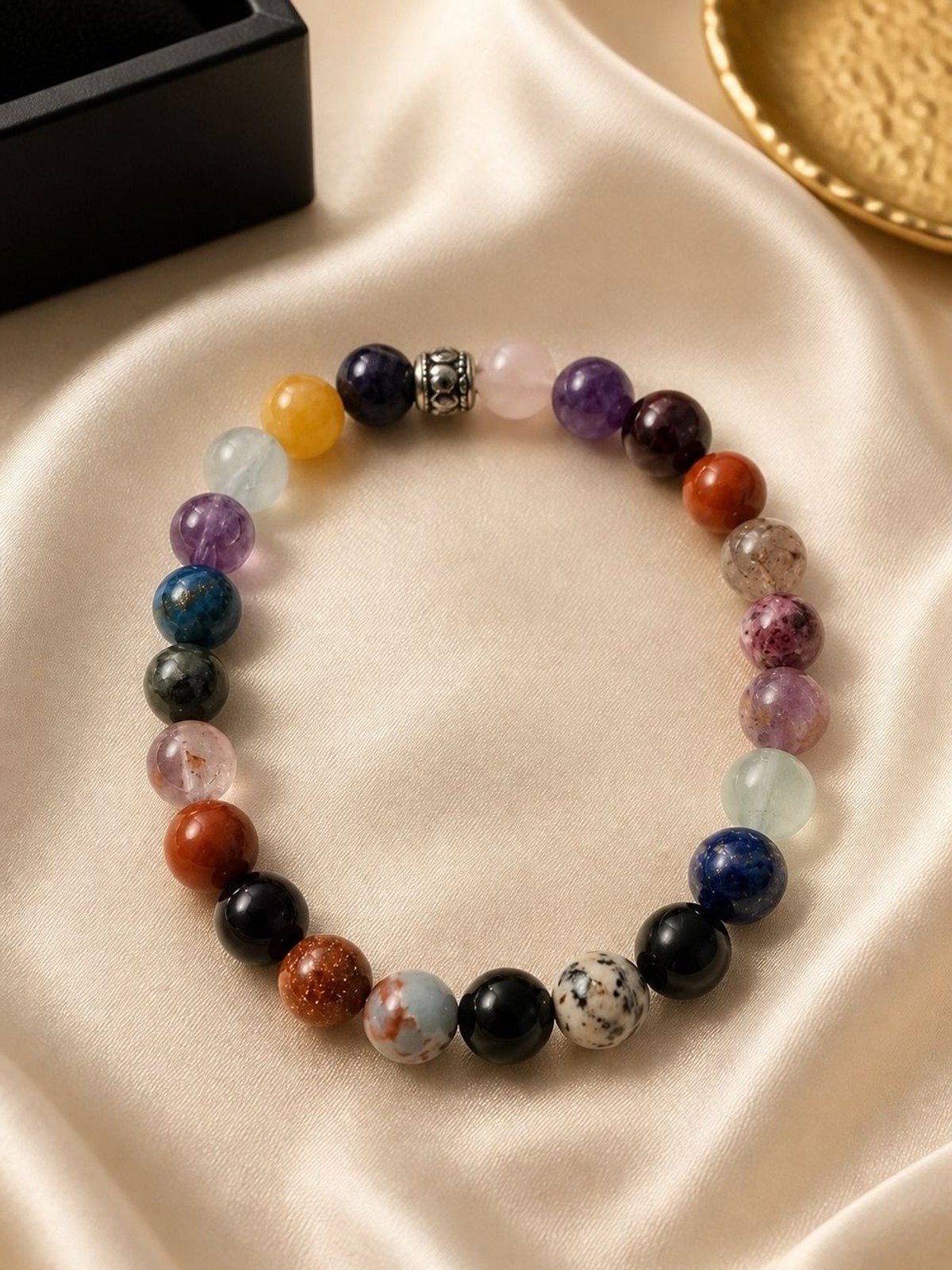 Multi-Color Gemstone Beaded Stretch Bracelet – Purple, Red, Blue, Yellow