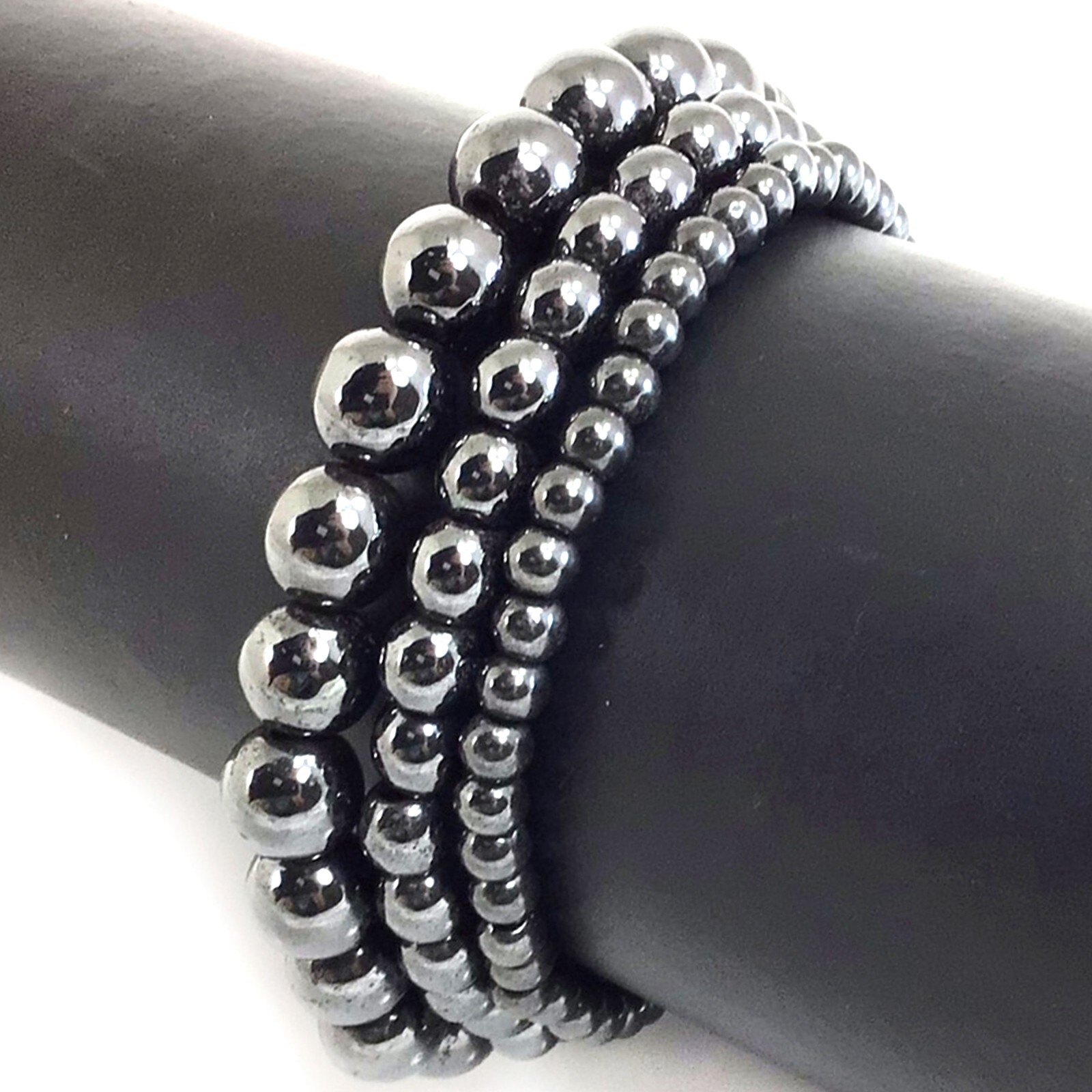 MAGNETIC Hematite Bracelet Round Beaded 7.5″ Handmade Stretch 4mm 6mm 8mm