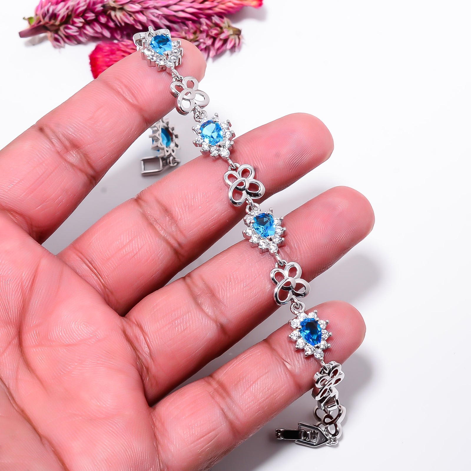Blue Topaz, CZ 925 Sterling Silver Adjustable Bracelet 7-8″ B128910