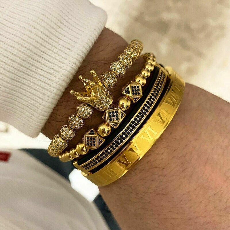 Men 18kt Gold Plated CZ Crown Bracelet Roman Numeral Stainless Steel Cuff Bangle