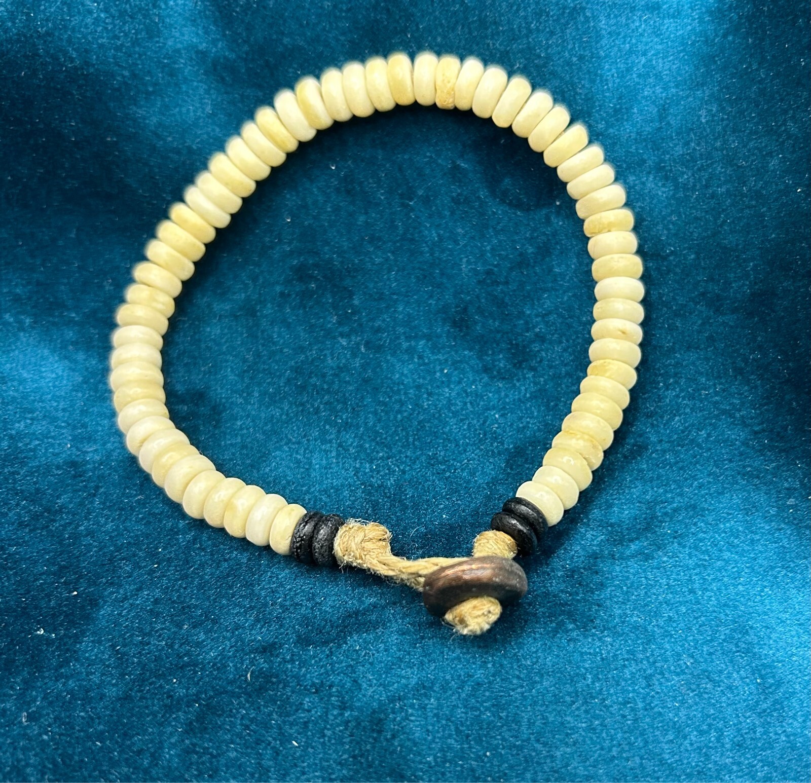 Bone Beaded Bracelet Jute Cord Copper Colored Button Metal Fastener 9″