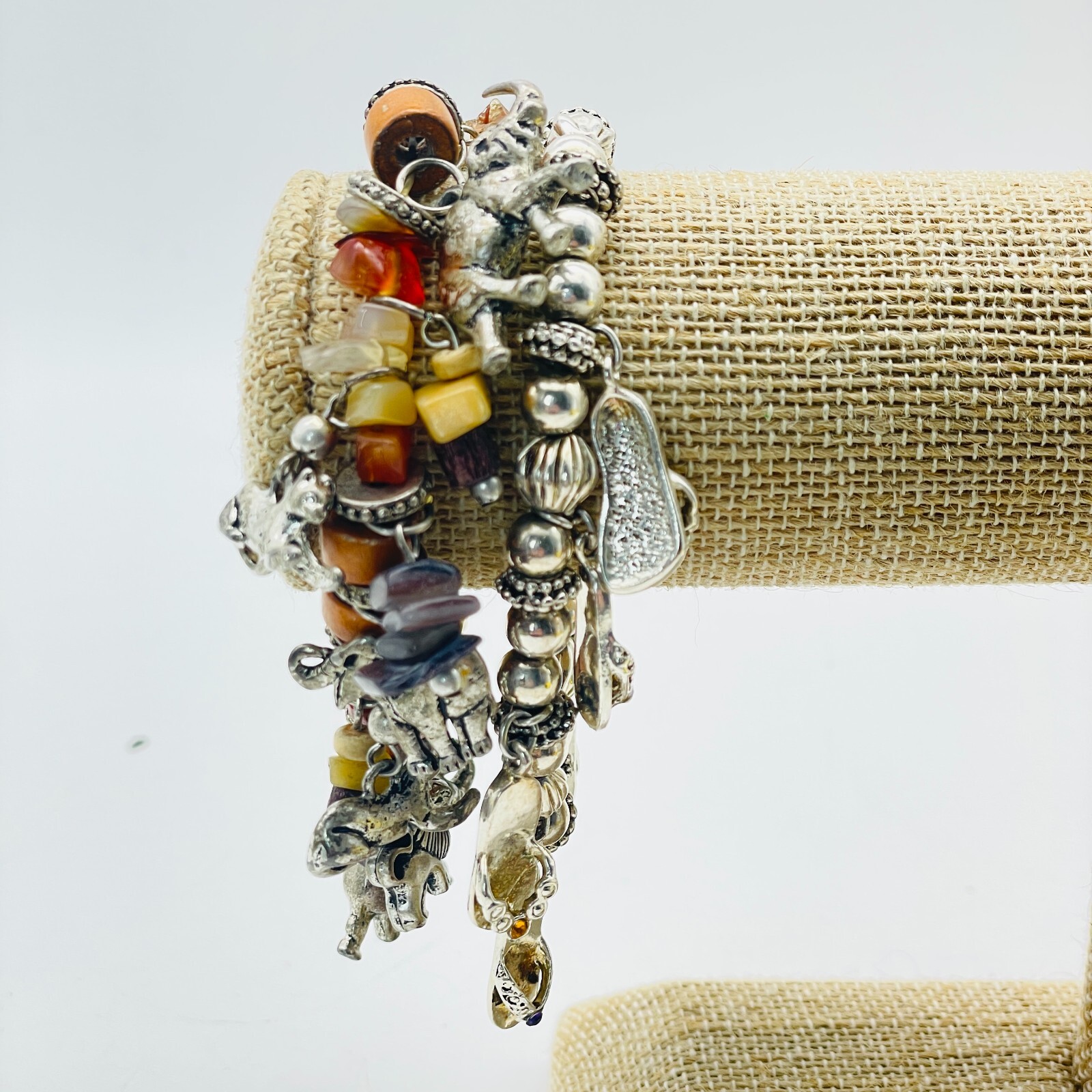Charm Bracelet Lot of 2 Silver Tone Stretch Orange Beads Animals Shoes