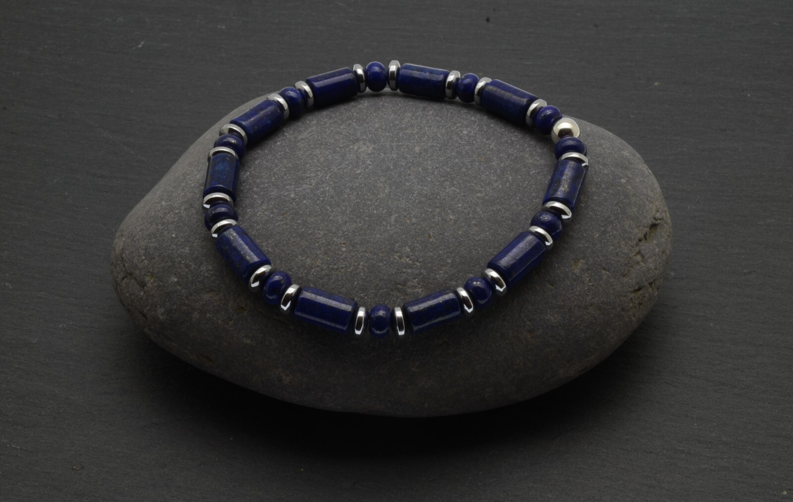 Lapis Lazuli Bracelet Hematite Sterling Silver Handmade Gift for Mens Ladies