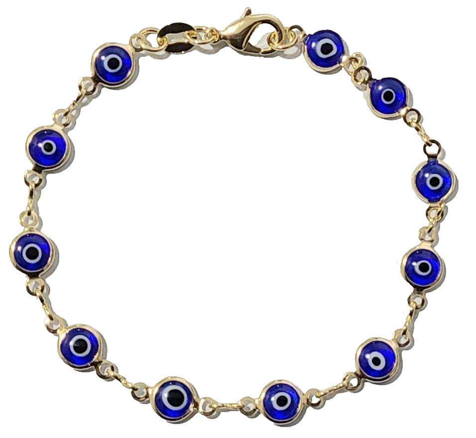 14k Gold Filled Evil Eye Bracelet Dark Blue Eyes 7.5 inch Long Good Luck # 6
