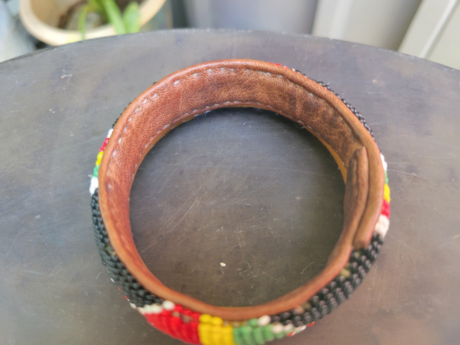 Vintage Lot of 2 African Woven Seed Bead & Leather Bangles African Colors 7″& 8″