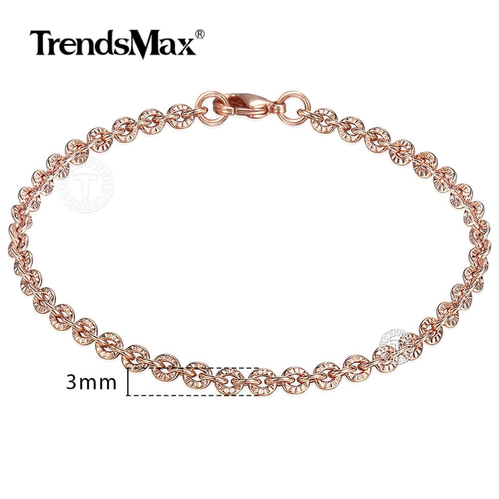 3mm 7″ Rose Gold Filled CUT Rolo Round Link Bracelet Womens Ladies Girls Chain