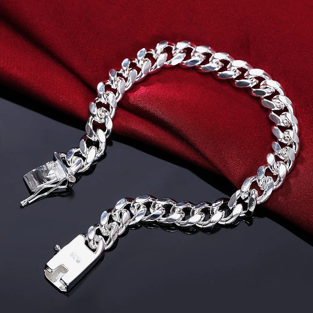 925 Sterling Silver Charm Chain Cuff Bangle Womens Fashion Bracelet