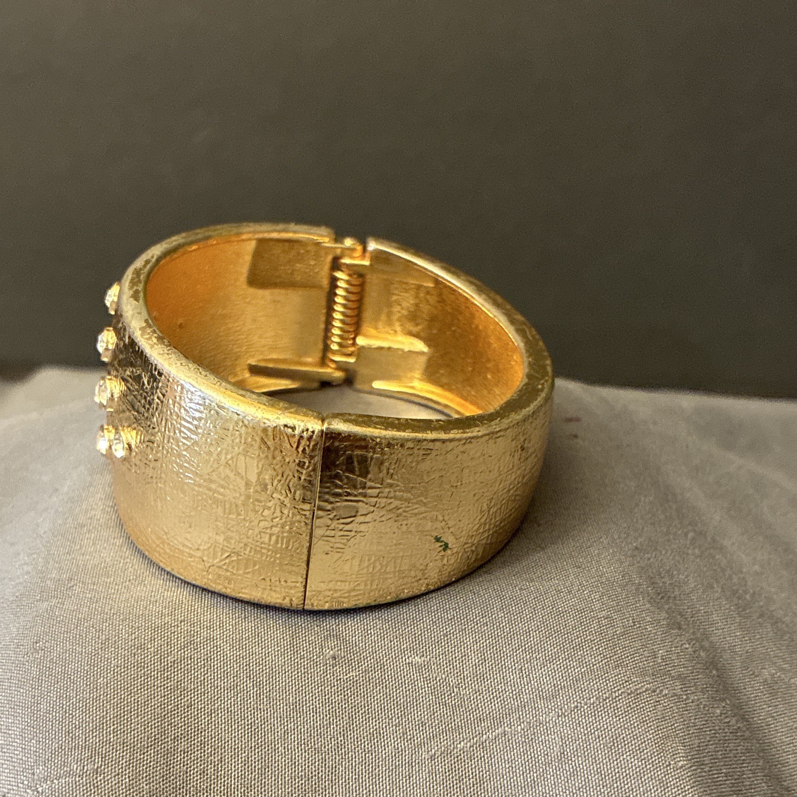 Gold Tone Wide Hinged Bangle Bracelet w/ Round Clear Bezel-Set Crystals