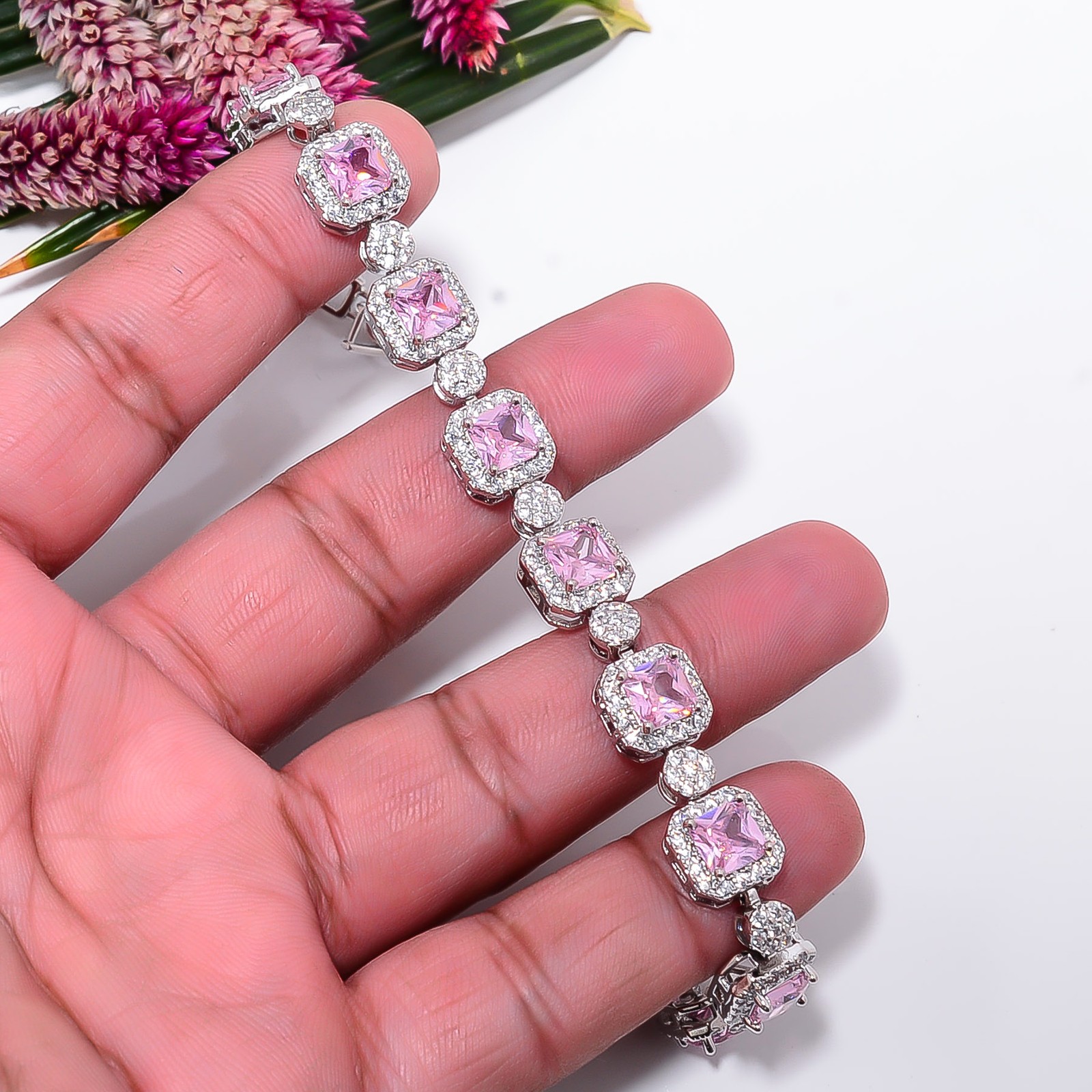 Pink Sapphire -Simulated, CZ 925 Sterling Silver Adjustable Bracelet 7-8″ B1912